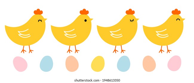 Set von kleinen Hühnchen- und Ostereiensymbolen einzeln auf weißem Hintergrund, Vektorgrafik.