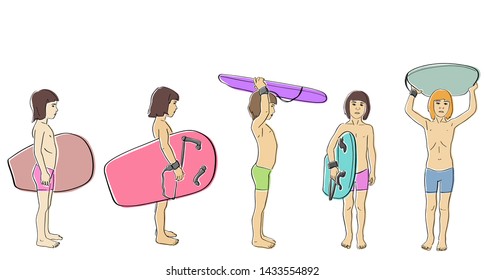 Set of little children with bodyboard. Vector bodyboarding flat illustration. Isolated black contour and colors.