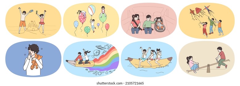 Set of little children play together in summer outdoors. Happy small kids friends have fun relax feel playful outside. Good childhood concept. Vacation and holiday. Flat vector illustration. 