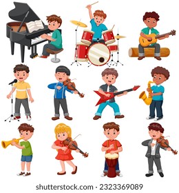  Conjunto de niños pequeños que juegan con diversos instrumentos. Ilustración del vector