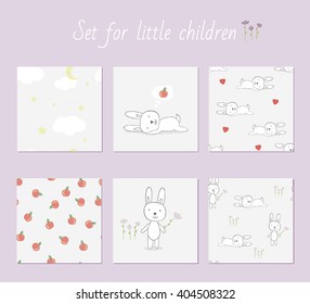 Set for little children. Seamless Pattern. Hare on a gray background, flowers, apple. cartoon style. background for children's rooms and clothes.