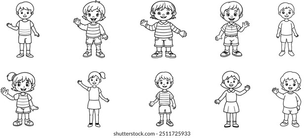 Set of little children waving and greeting