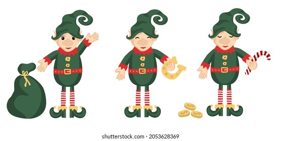 Set of Little christmas elves isolated on white background. Happy New Year, Merry Xmas design element. Good for card, banner, flyer, leaflet, poster. Vector illustration