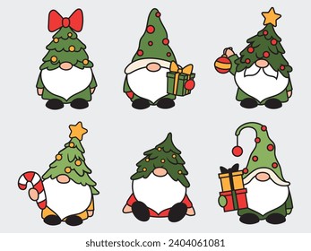 Set of little Christmas garden gnomes. Collection of cute holiday elves in Christmas tree hats. Decor for a New Year's card. Vector illustration for a holiday card. Drawing for children.