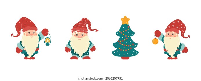Set of little Christmas gnomes in caps with festive tree, lantern, ball.