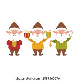 Set of little Christmas gnomes. Festive winter mascot characters. Elves with gifts. Caroler with a bell. Bright isolated flat illustration for New Year greeting cards, design of holiday banners.