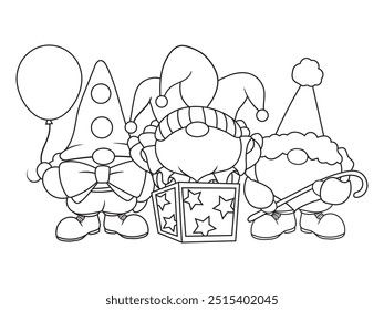 Set of little circus gnomes. Collection of cute clown gnomes in hats, with balloons. Funny elves. Costumed characters. Vector illustration for a children's postcard. Drawing for children.