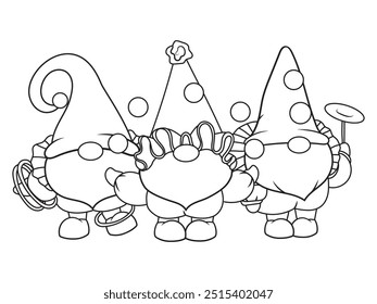 Set of little circus gnomes. Collection of cute clown gnomes in hats, with balloons. Funny elves. Costumed characters. Vector illustration for a children's postcard. Drawing for children.