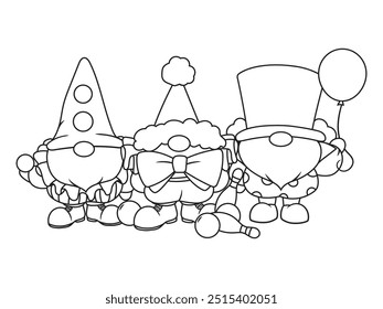 Set of little circus gnomes. Collection of cute clown gnomes in hats, with balloons. Funny elves. Costumed characters. Vector illustration for a children's postcard. Drawing for children.