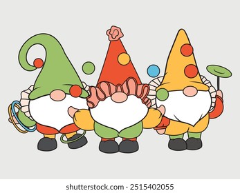 Set of little circus gnomes. Collection of cute clown gnomes in hats, with balloons. Funny elves. Costumed characters. Vector illustration for a children's postcard. Drawing for children.