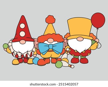 Set of little circus gnomes. Collection of cute clown gnomes in hats, with balloons. Funny elves. Costumed characters. Vector illustration for a children's postcard. Drawing for children.