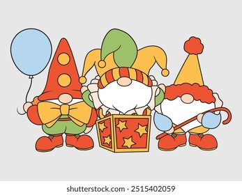 Set of little circus gnomes. Collection of cute clown gnomes in hats, with balloons. Funny elves. Costumed characters. Vector illustration for a children's postcard. Drawing for children.