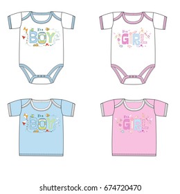 Set of little clothes with cute prints for baby boy and baby girl. Trendy collection of sportswear for newborn baby. Stylish idea for fashion clothes line. Baby shower design