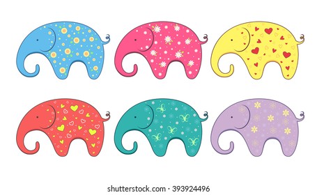 Set of little color elephants. Vector element 
