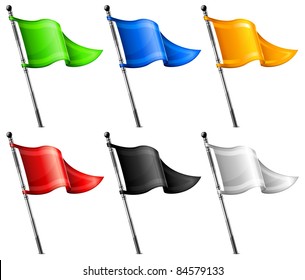 Set of little color triangle flags on flagpole, vector illustration