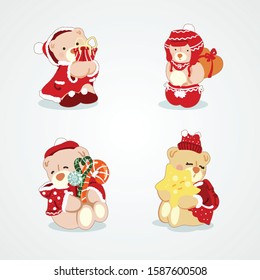 Set of Little Cute Bears in Different Christmas Costume on Light Background with Shadows. Christmas Concept Illustration for Greeting Cards or Festive Banner