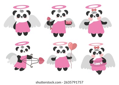 Conjunto de panda pequeno cupido bonito. Conjunto de elementos vetoriais em estilo romântico. Adequado para elementos decorativos para convite, clip-art, adesivo, etc 