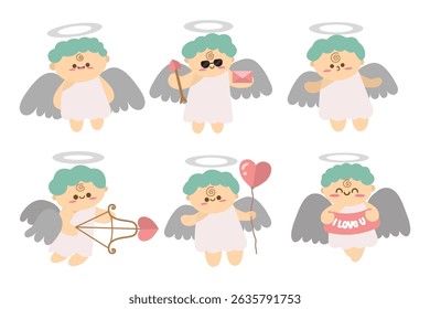 Conjunto de pequeno cupido bonito. Conjunto de elementos vetoriais em estilo romântico. Adequado para elementos decorativos para convite, clip-art, adesivo, etc 

