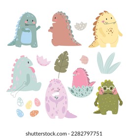 Set of little cute dinos. Vector illustration.