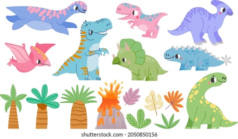 Set with little cute dinosaurs. Collection in cartoon style with funny dino, trees and volcano on white background. Brontosaurus, velociraptor, triceratops, tyrannosaurus. Kids vector illustration.