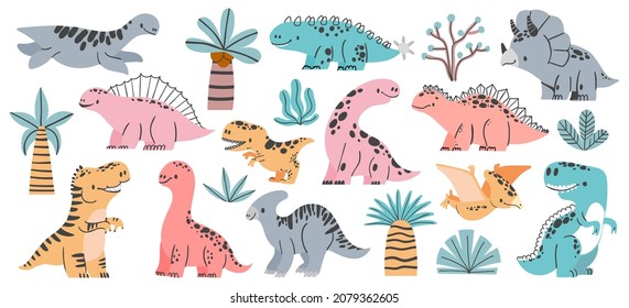 Set mit kleinen süßen Dinosauriern. Kollektion im skandinavischen Stil mit lustigen Dinos, Bäumen und Blättern auf weißem Hintergrund. Brontosaurus, Velociraptor, Triceratops, Tyrannosaurus rex, Pteranodon. Kinder