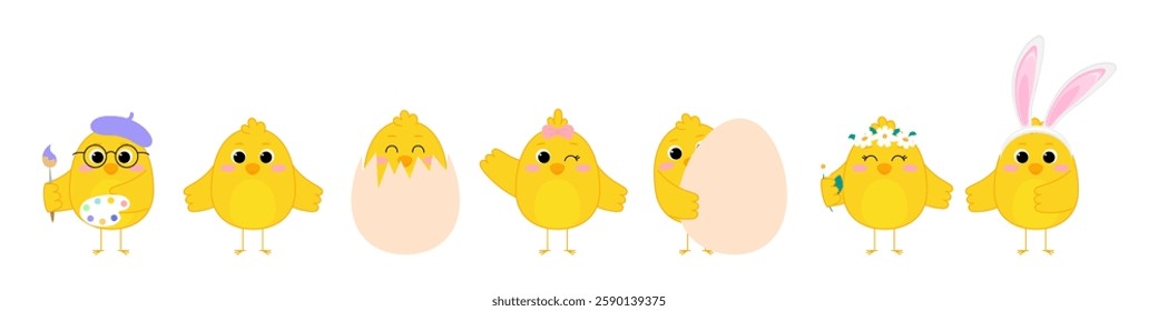 Set of little cute Easter chickens. Little chicks characters collection. Vector illustration