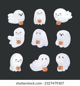 set of Little cute ghosts holding pumpkin Happy Halloween watercolor Halloween scary ghostly monsters. Cartoon spooky character trick or Treating isolated on background Vector illustration