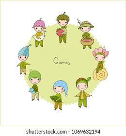 Set with little cute gnomes. Forest elves. Doodle boys in fancy dresses. Fairy-tale character