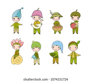 Set with little cute gnomes. Forest elves. Doodle boys in fancy dresses. Fairy-tale character