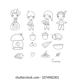 Set with little cute gnomes. Forest elves. Doodle boys in fancy dresses. Fairytale character