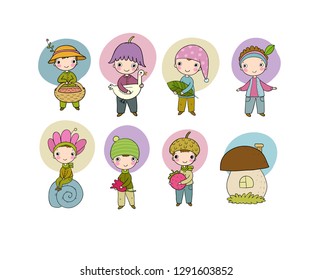 Set with little cute gnomes. Forest elves. Doodle boys in fancy dresses. Fairy-tale character
