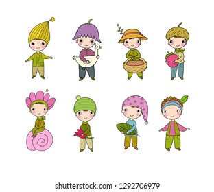 Set with little cute gnomes. Forest elves. Doodle boys in fancy dresses. Fairy-tale character