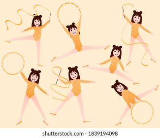 Set with little cute gymnastics or ballerinas girls training poses on yellow background, stickers or graphics for posters, afterschool activity