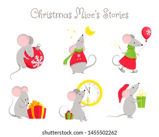 Set of little cute mouse or rat character Chinese horoscope symbol of 2020 year. Vector illustration isolated on a white background.