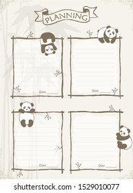Set of little  cute panda vector cards, planer, printable, templates, Notes, Stickers, Labels,Scrapbooking, Congratulations, Invitations. Vector illustrations