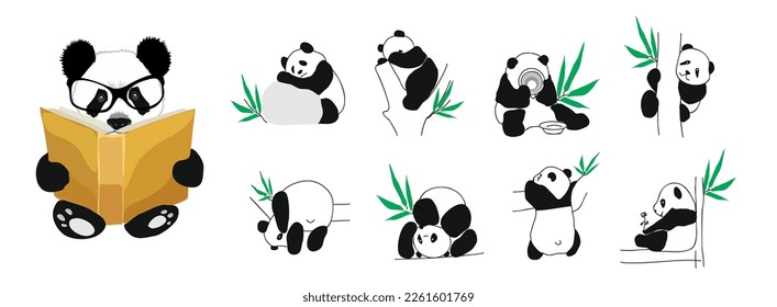 Set of little cute pandas in different poses vector illustrations isolated.