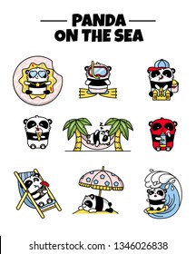A set of little cute pandas on a summer holiday. Beach party. Vector flat color illustration in linear style on white background. Kawai bear.