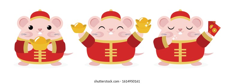 Set of little cute rat in red costume cartoon character vector happy new year 2020 year of the rat
