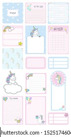 Set of little  cute unicorn vector cards, printable, tags, cards, templates, Notes, Stickers, Labels,Scrapbooking, Congratulations, Invitations. Vector illustrations