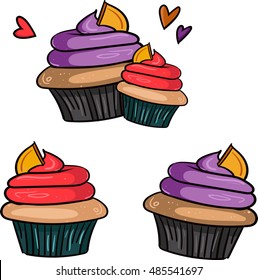 Set of little cute vector cupcakes and muffins in love / vector illustration