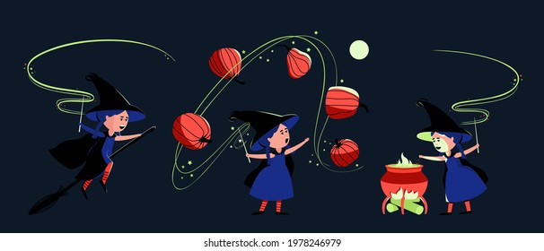 Set with a little cute witch for Halloween. A girl flies on a broomstick, prepares a potion, conjures over pumpkins at night in the light of the moon. Flat vector illustration.