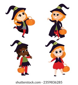 Set of little cute witches with red hair in a costume with a basket in their hands. Halloween illustration in cartoon style isolated on white background. A witch in a cloak.