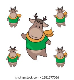Set of  little сute deer on white background, emotional character vector illustration for children 