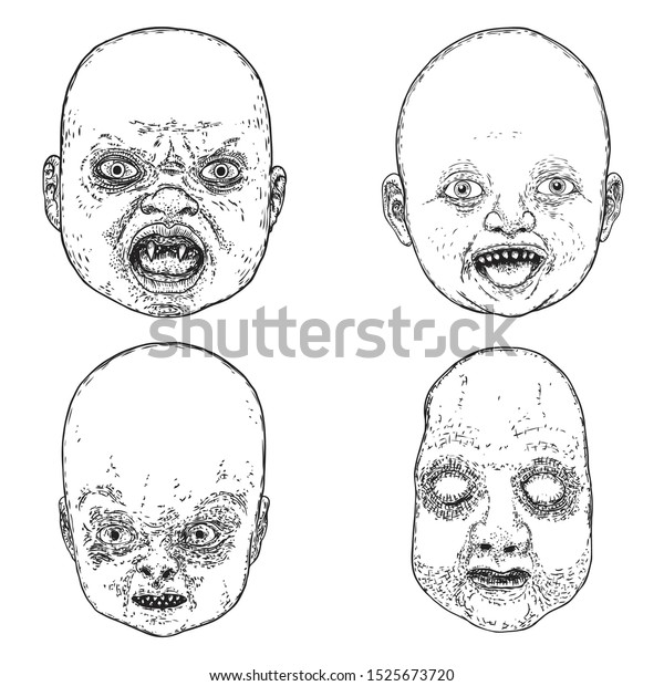Set of little demon faces with teeth. Hand drawing of baby devil. Halloween props. Vector.  