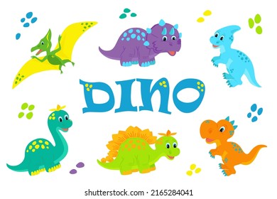 Set of little dinosaur cubs in the cartoon style. Vector illustration.