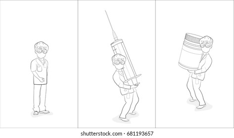 A set of little doctors. Stages of treatment. vector illustration.