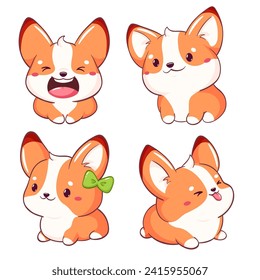 Set of little dog in kawaii style. Tiny corgi puppy in multiple poses. Cute pet expression sheet collection - funny, happy, surprised, sticking out tongue. Vector illustration EPS8