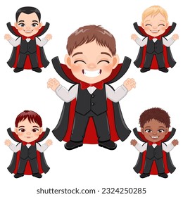 Set of Little dracula with black suit, Halloween party with cute vampire cartoon character vector