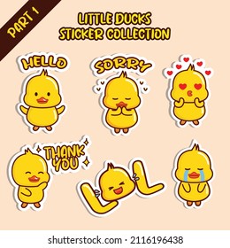 Set of little duck sticker collection. Kawaii cute character design. Hello, sorry, love, thank you, LOL, cry emoticon