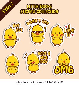 Set Of Little Duck Sticker Collection. Kawaii Cute Character Design. Bye, Whats Up, I Love It, Have A Nice Day, OMG Emoticon